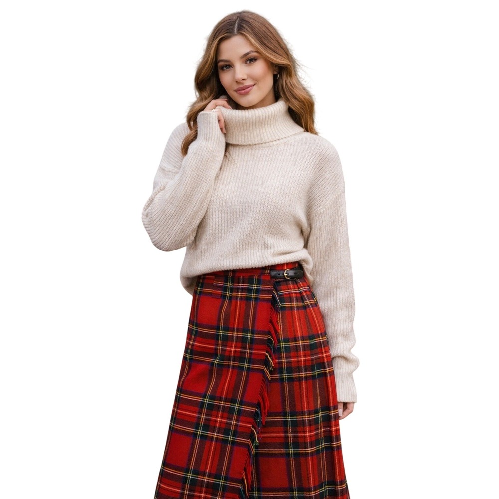 VTG Land's End Tartan Plaid Wool Wrap Skirt Size 8 Made in‎ England Fringe